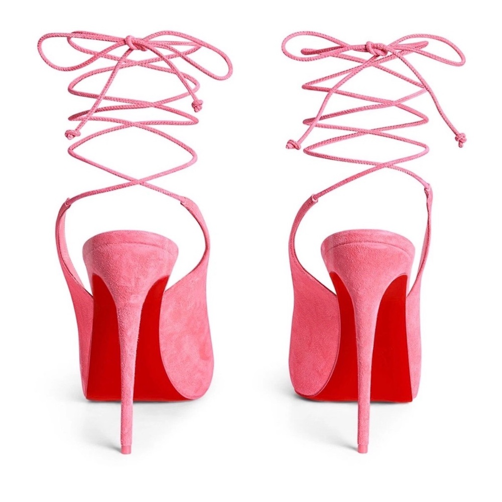 NWT CHRISTIAN LOUBOUTIN Pink Lace Up NVP Suede Peep-toe Sandal EU 39.5 US 8.5 - Picture 7 of 9